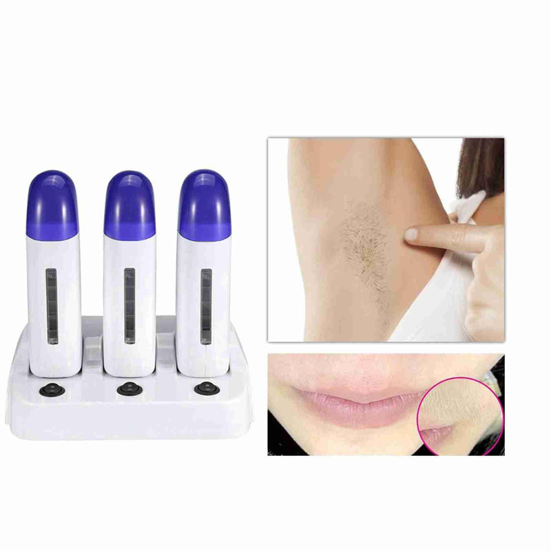 Electric Roll On Wax Warm Machine, Body Waxing Coarse Hair Removal Cartridge Melting Waxing Machine Wax Roller Wax Heater with Base for Home and Salon (3 seats) 3 seats