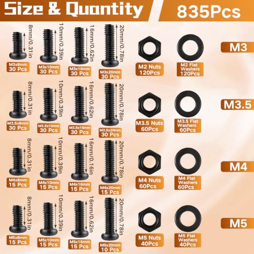 VAPKER 835Pcs Pan Head Machine Screws,M3 M3.5 M4 M5 Metric Phillips Drive Cross Fully Threaded Round Head Carbon Steel Black Oxide Bolts Nuts Washers Set