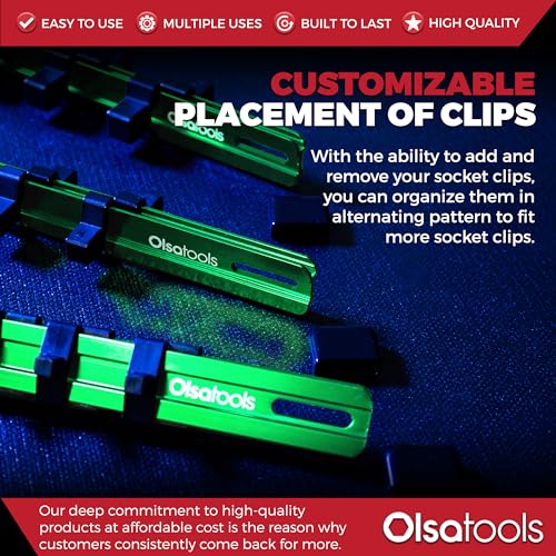 Olsa Tools 3pc Drive Socket Holder Rail, Green Aluminum, 58 Clips 3pc - 1/4, 3/8, & 1/2-Inch Drive