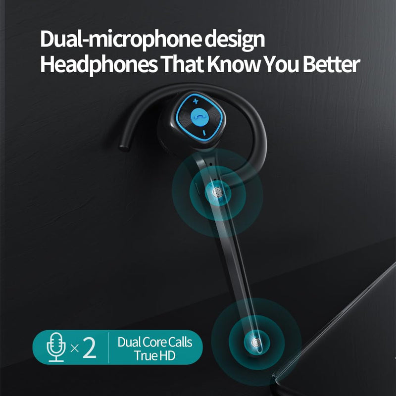 IHAO Wireless Bluetooth Earpiece Headphone Dual Noise Cancelling Mic Painless Open-Ear Handsfree Headset Stereo Sound Left/Right Changeable Earhook Earphones for Driving/Business/Gym Single Ear Black