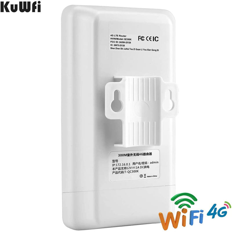KuWFi 300Mbps Outdoor 4G LTE CPE WiFi Router with Sim Card Slot CAT4 SIM Routers with POE Adapter Work with IPcamera or Outside WiFi Coverage (US Version B2/B4/B5/B12/B13/B14/B66/B71) QC300K