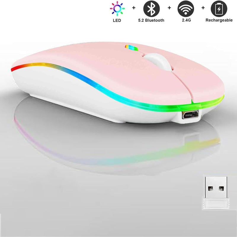 2 Pack Wireless Bluetooth Mouse,LED Dual Mode Rechargeable Silent Slim Laptop Mouse,Portable(BT5.2+USB Receiver) Dual Mode Computer Mice,for Laptop,Desktop Computer,Tablet,Phone,TV (Pink) 2 pack pink