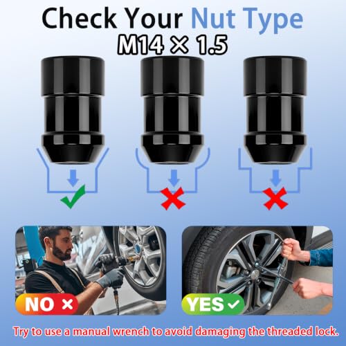 Wheel Locks Lug Nuts M14 x 1.5 Fit for Acura MDX Cadillac Escalade Ford Explorer Chevrolet Silverado Toyota Tundra Dodge RAM and More, 13/16" Hex Black Cone Seat Wheel Locks(Total Length 37mm)