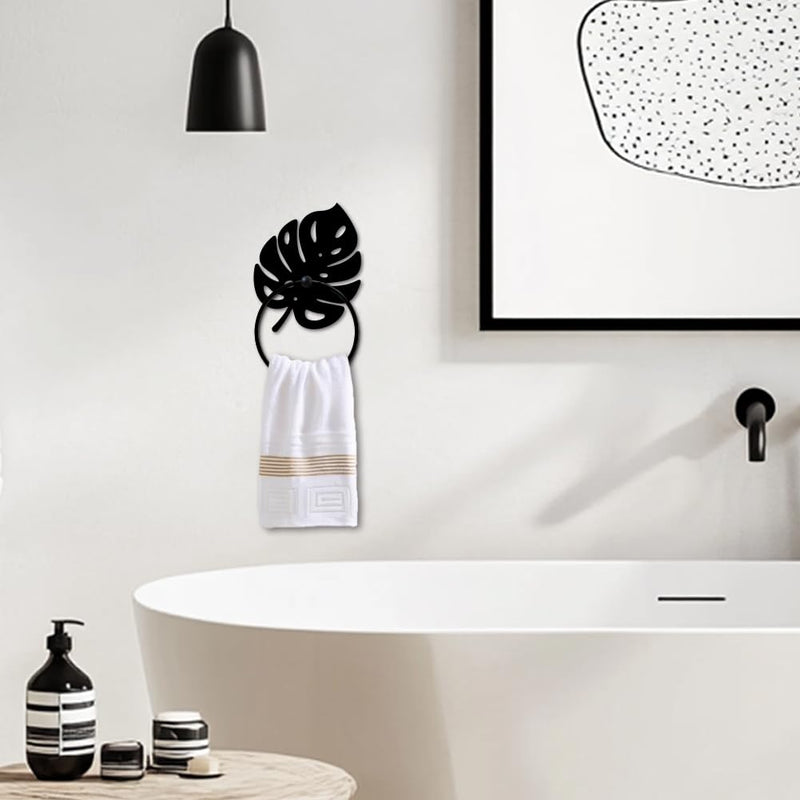 MAYJOYDIY Monstera Leaf Metal Towel Ring Leave Shape Towel Holder Plants Theme Rustic Wall Decor Towel Hanger Black Art Towel Rack Wall Mounted for Bathroom Kitchen Home Decors Gift