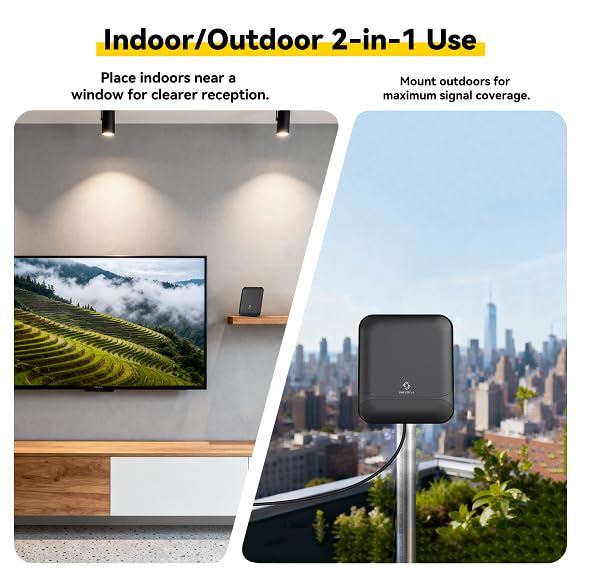 Digital TV Antenna for Smart TV Indoor & Outdoor, 55 Miles Amplified HDTV Antenna with Signal Booster, Reception for Local Channels 8K 4K 1080P HD VHF UHF, with 16ft Coax Cable