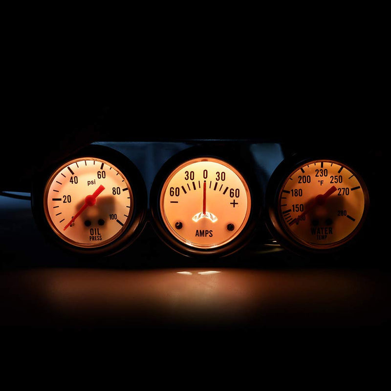 2" 52mm Chrome Panel 3in1 Car Meter Oil Pressure Fahrenheit Water Temp Ammeter Triple Gauge Kit Set White Face