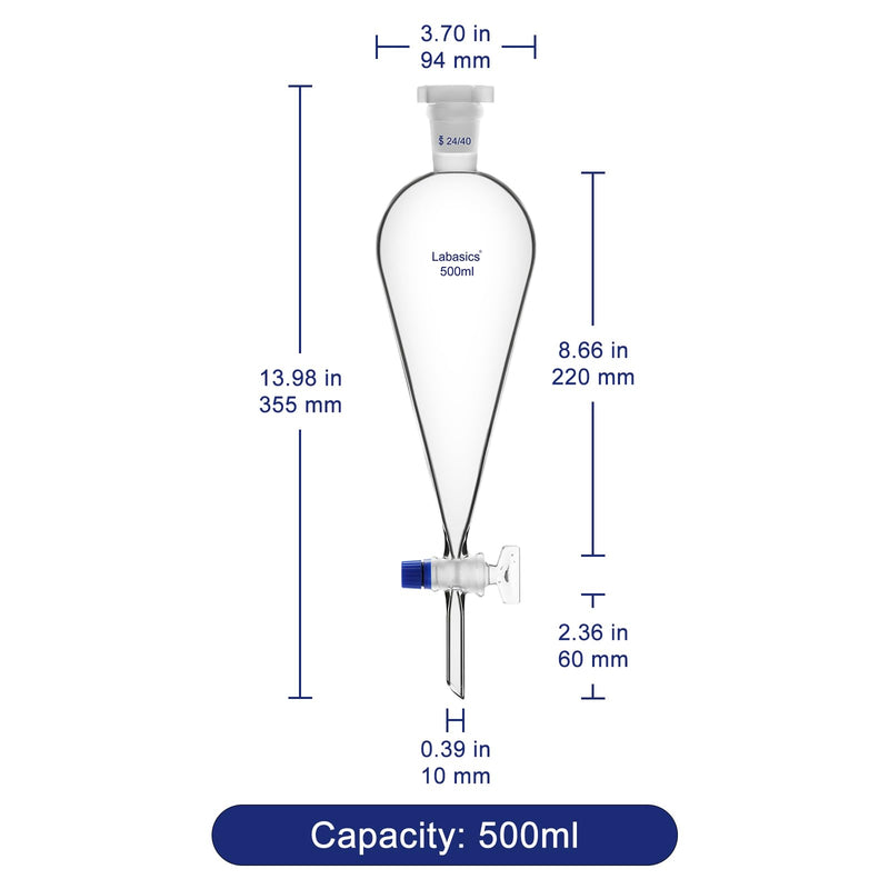 Labasics Borosilicate Glass 500mL Conical Separatory Funnel with Glass Stopcock, Ideal for Liquid Separation in Laboratories