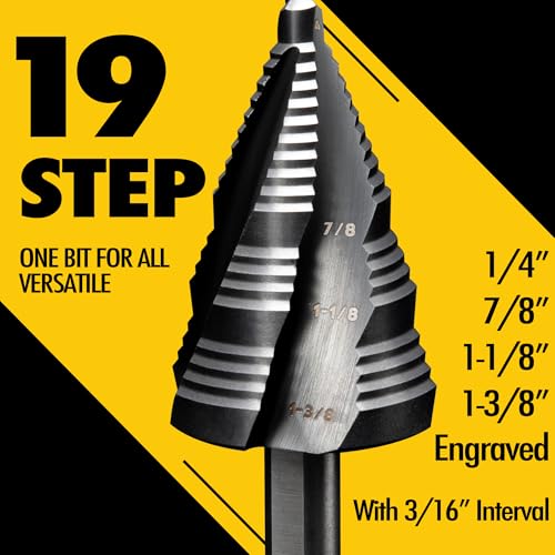 Four Spiral Flute Cobalt Step Drill Bit, 1/4" - 1-3/8" M35 TiAlN Coating Impact Ready Unibit Step Drill Bit, Tri-Flat Shank Shank Step Bit for Metal, Stainless Steel, Aluminum, Plastic 1/4" - 1-3/8"
