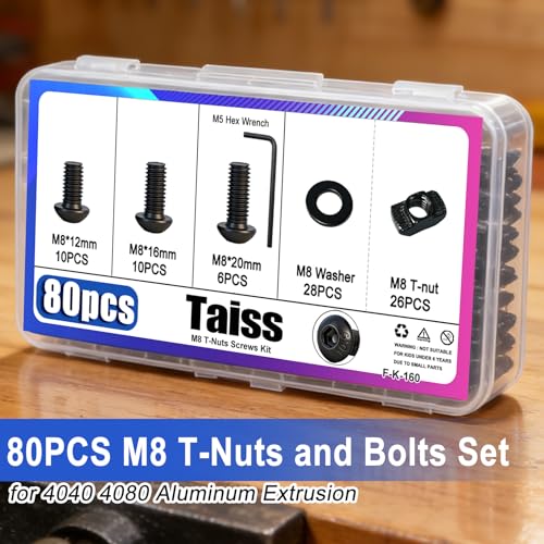 Taiss 80PCS M8 T-Nuts Screws Kit for 4040 4080 Series Aluminum Extrusion Black Carbon Steel M8x12/16/20mm Button Head Socket Cap Head Bolts and Drop in T-Nuts & Washers with Hex Wrench 80pcs 40 Series T-Nuts Screws Kit
