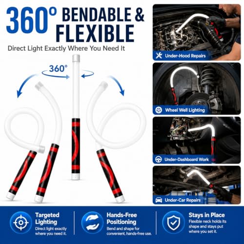 Flexible LED Flashlight Stick, 30" Bendable Mechanic Work Light, 1200LM | Rechargeable Inspection Light with 3 Modes, USB-C Charging, IPX6 Waterproof for Car Repair, Under Hood and Tight Spaces 30"