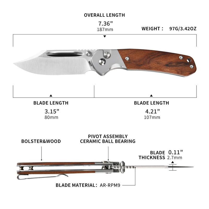 CJRB Bowie Pyrite Pocket Knife EDC Folding Knife with 3.15'' AR-RPM9 Steel Blade, Hunting Knife with Wood Handle for Camping, Survival - Suitable for Men & Women - J1942 Rosewood