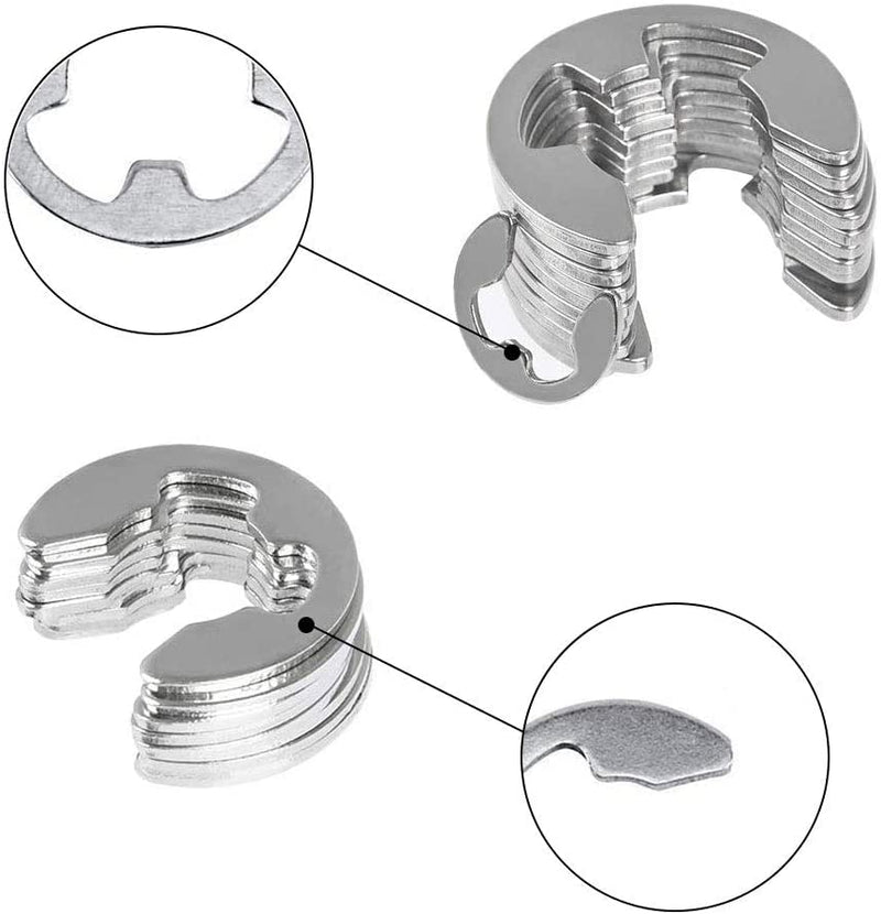 E-Clip External Retaining Ring Assortment Kit 120Pcs 10 Sizes E-Clip Circlip Ring 304 Stainless Steel Opening Snap Ring Circlip Set with Box