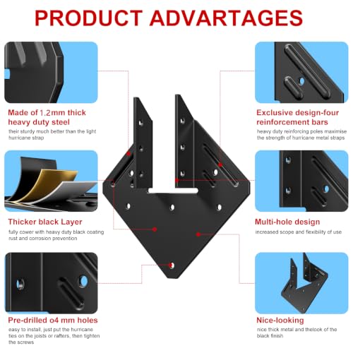 Black Hurricane Ties for Rafter 30 PCS ，16 Gauge 1.2mm，Heavy Duty Joist Hangers for Roofing Trusses Wood，Roofing Trusses 360 Screws Black