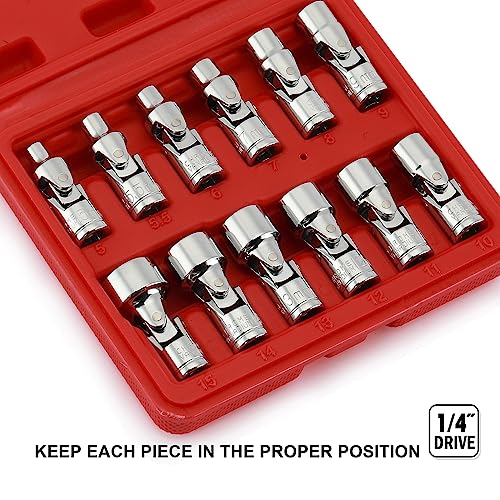 EMENTOL 12PCS 1/4" Drive Universal Joint Socket Set, 6 Point, Metric Universal Flex Socket Set, CR-V, Swivel Head, 5mm - 15mm
