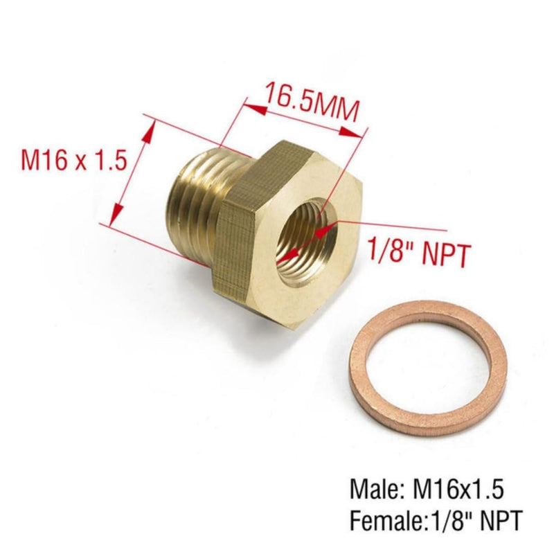 2PCS 1/8" NPT to M16x1.5 Male Pressure Temperature Gauge Sender Adapter With A Crush Washer