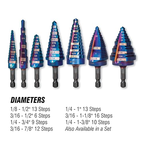 Spyder 1/8 to 1/2-inch Hex Shank 13-Step HSS Drill Bit with Mach-Blue Armor Plating for Steel, Aluminum, Stacked Materials, and More 1/8-Inch to 1/2-Inch
