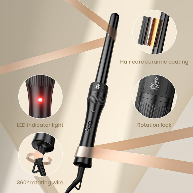 Hair Waver Curling Wand Iron Tong, Chopstick, 5 in 1 Hair Curler for Long Hair 10mm-32mm with 2 Crocodile Clips 1 Anti-Scald Silicone Gloves, PTC Ceramic Triple Barrels LCD 180°C & 210°C Black