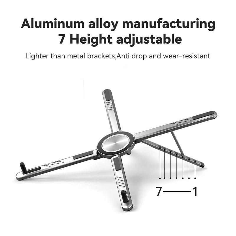 Portable Laptop Stand, Aluminum Foldable Adjustable Laptop Lifter with Magnetic Phone Stand, Compatible with 10-16 inch laptops, 4-13 inch Phones, and Tablets，(Grey)