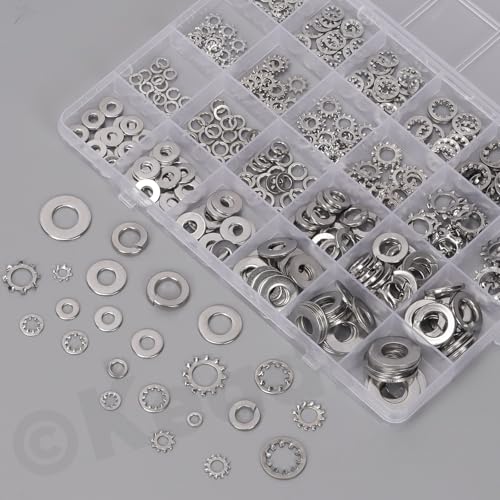 Keadic 400Pcs Split Lock Washer & External & Internal Star Washers and Flat Washer Assortment Kit, 304 Stainless Steel Spring Lock Washers Set- #6,#8,#10,1/4" 5/16" 3/8"(Imperial) Imperial