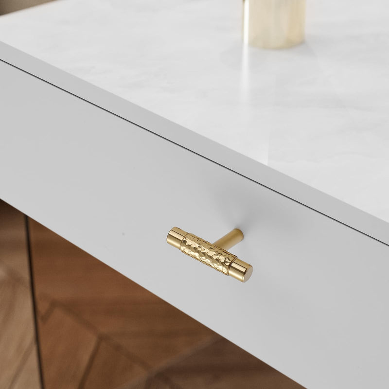 Polished Brass Cabinet Pulls, 5 Pack Modern Gold Solid Brass Dresser T-Bar Handles Cupboard Drawer Hardware for Bathroom Kitchen (5, T Knobs Single Hole)