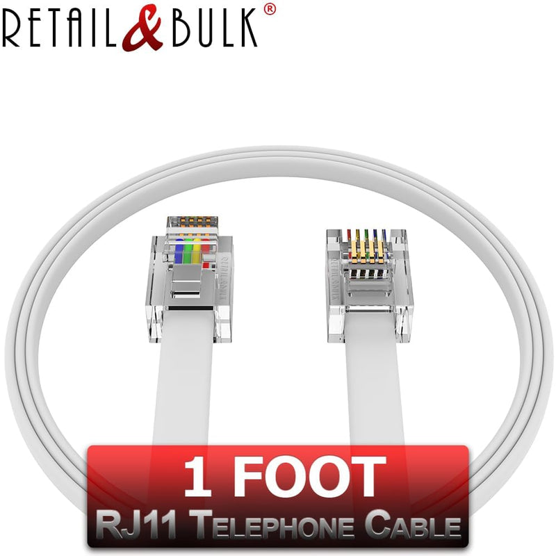 1FT RJ11 Telephone Cord – Pro Grade 4-Wire Landline Phone Cable, 100% Copper, Heavy Duty PVC Jacket, Thick Gold Contacts for Phone, Fax, DSL (White, Made in USA) 1 ft White