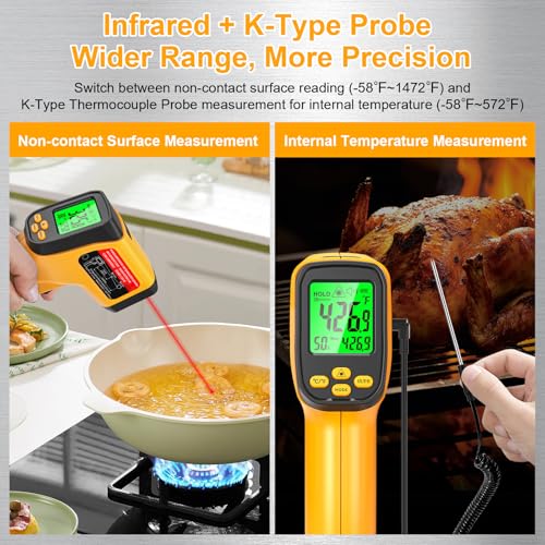 Infrared Thermometer Gun, Dual-Mode with Non-Contact IR & K-Type Thermocouple Probe Meature, -58°F to 1472°F High Accuracy Laser Temperature Gun with Emissivity, Humidity, for Cooking, Industrial Use Yellow