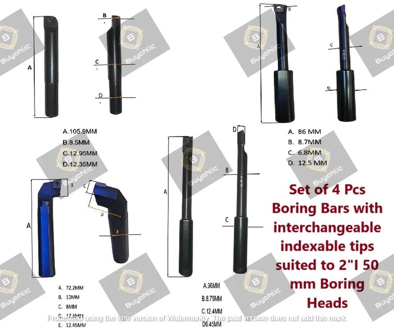 Buyohlic Indexable Tool Set of 4 Boring Bars for 2" InchI 50 mm Boring Head 4pcs Indexable Boring Bars Only