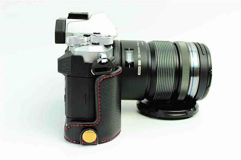 E-M5 Mark II Case, BolinUS Handmade Genuine Real Leather Half Camera Case Bag Cover for Olympus OM-D E-M5 Mark II Bottom Opening Version with a Free Genuine Real Leather Hand Strap - Black