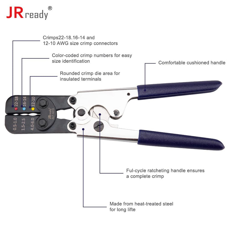JRready ACT-AD10 Wire Crimping Tool for Heat Shrink Connectors AWG 22-10 - Ratchet Wire Terminal Crimper - Available For Heat Shrink Butt Connectors and Ring Fork Spade Splices