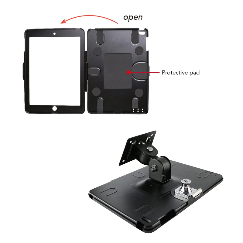 On Wall Mount Bracket for iPad 9.7"(6th,5th,Gen.), 9.7" Air1& 2, 9.7" Pro, Excluding iPad 9.7"(1th,2th,3th,4th,Gen.),Anti Theft Lock, Rotate Design Arbitrary,Multi Angle, Metal,(Black)