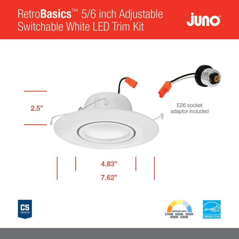 Juno 5"/6" Inch Adjustable LED Recessed Lighting, RetroBasics Series Adjustable Gimbal LED Downlight Trim Kit, 5"/6" Ceiling Light with 5-in-1 Switchable White Color, 700 Lumens, Matte White 5/6-Inch Standard | Adjustable | Smooth Trim