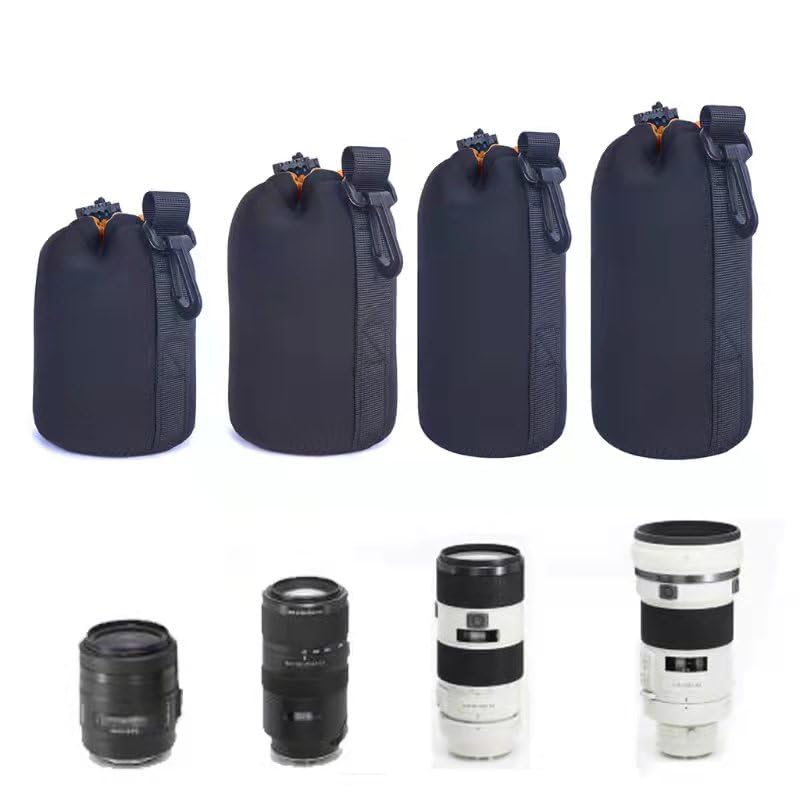 S Size (Small) Camera Lens Pouch, Thick Protective Neoprene Bag Storage Cover Case with Drawstring Design, Soft Plush Interior, Compatible for Canon, for Nikon, for Sony DSLR Lenses S: 8cm x 10cm (D x H)