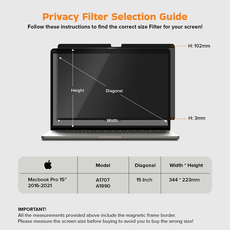Magnetic Privacy Screen, Laptop Screen Protector, Compatible With Macbook Air/Pro Removable Matte Anti Glare Blue Light Protector Private Security Filter (15 inch, 2016-2021) 15 inch (2016-2021)