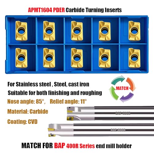 10pcs APMT1604 PDER DP5320 Carbide Turning Inserts, Featuring a Highly Wear-Resistant AlTiN Coating,APKT1604 Compatible with BAP400R Series End Mill Holders for Processing Steel Parts 10pcs APMT1604 PDER DP5320