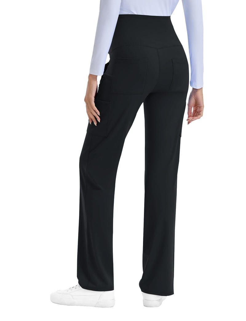 QBK Women's Maternity Scrub Pants Straight Cargo Work Pants with 6 Pockets 4-Way Stretch Regular Medium Black