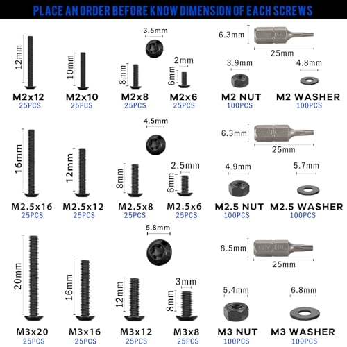 900PCS Torx Button Head Screws, M2 M2.5 M3 Bolts and Nuts Washers Set, Star Drive Round Head Machine Screws 10.9 Grade Alloy Steel Black, Small Torx Bolts Fully Threaded with T6 T8 T10 Wrench