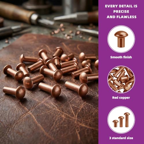 60 Pcs Half Round Head Solid Copper Rivets 3 Sizes M4 with Storage Box