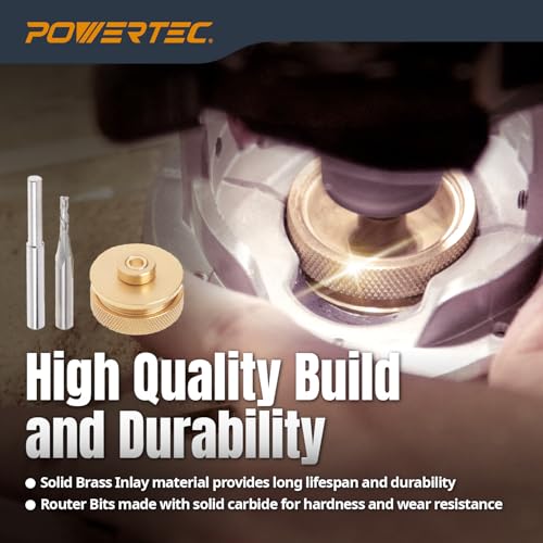 POWERTEC Router Inlay Kit, Solid Brass Bushing Guide Set w/ Alignment Pin, Tungsten Carbide 1/8" Upcut & Downcut Spiral Bits for Router Templates, 1/4" Shank, 1/2" Cutting Depth (72028V) 2PK, 1/4" Shank, 1/8" Up&Downcut Bit