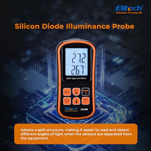Elitech Digital Light Meter LM-200, Handheld Illuminance Meter with LCD Display, 200,000 Lux Range, Temperature Measurement