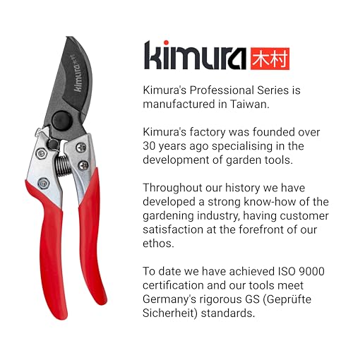 Kimura® 8" Pro Bypass Pruning Shears, Heavy Duty Japanese SK5 Steel Blades, 1 inch Cut Capacity, Non-Slip PVC Coated Handles, Lightweight & Ergonomic, Japanese Pruners, Professional Garden Clippers 8"