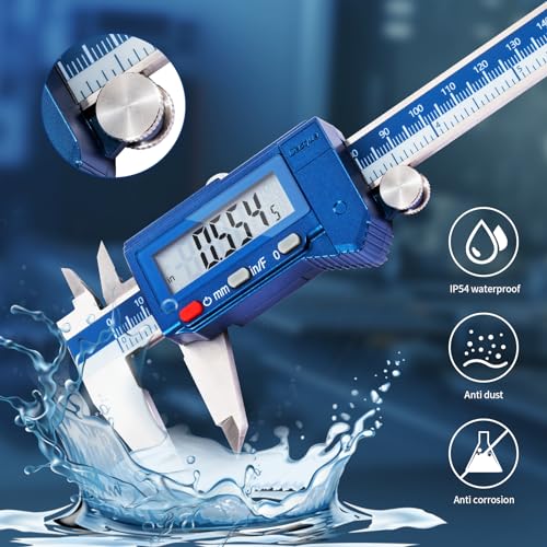 Dasqua 6” IP54 Digital Caliper, Stainless Steel Water-Resistant Precision Measuring Tool with Large LCD, Inch/Metric/Fraction Switch, Resolution 0.0005"/0.01mm/1/128, Accuracy ±0.001"/0.02mm IP54 6"