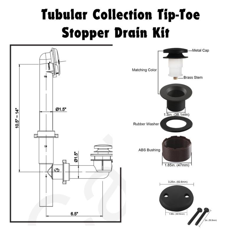 1-1/2"" White Tubular Bath Drain Kit with Tip-Toe Bath Drain Stopper, Touch-Toe Tub Drain, Tip Toe Bathtub Drain Waste and Overflow with Plug and Bathtub Overflow Drain Cover, Plated Chrome