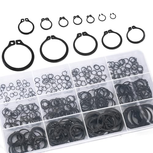 External Shaft Retaining Ring Assortment Kit, Black Carbon Steel Circlips, Multiple Sizes with Storage Case