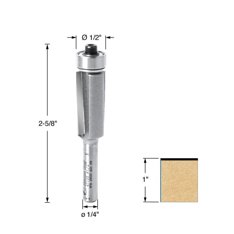 Amana Tool - 47105 Carbide Tipped Dynabit Laminate Flush Trim 1/2 Dia x 1" 4 Shank 1/2 Dia x 1" x 1/4 (47105)