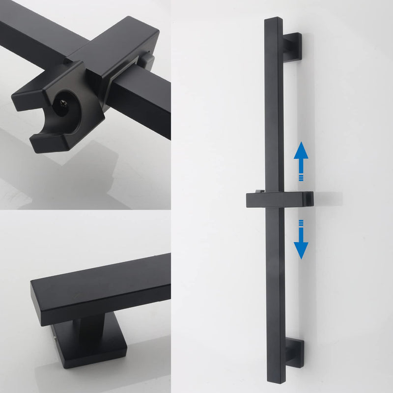 Bathroom Shower Slide Bar, Adjustable Handheld Shower Holder Wall Mount Shower Bar Stainless Steel, Matte Black Square Slide Bar