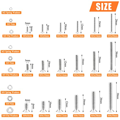 HELIFOUNER 1500 Pieces M2 M3 M4, 304 Stainless Steel Countersunk Head Socket Cap Metric Screws Bolts Washers Nuts Hardware Assortment Kit with Hex Wrenches