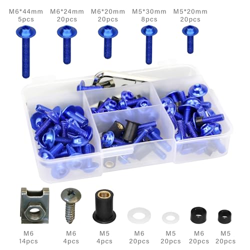 Motorcycle Universal Fairing Bolt Kit, 177 Pieces M5 M6 Aluminum Alloy Screw Fasteners, Washer Clip Combination (blue) blue