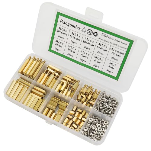 320Pcs M2.5 Male Female Brass Spacer Standoff Screw 6mm 10mm 15mm 20mm Nut Assortment Kit Brass M2.5