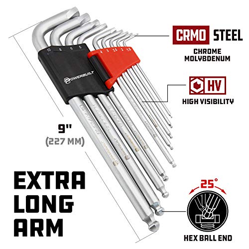 Powerbuilt 9 Piece Metric Hex Key Wrench Set for Damaged Fasteners, Standard, Grip Rusted, Rounded Bolts, Sizes 1.5mm to 10mm, Extra-Long L-Handles with Ball Ends - 240095