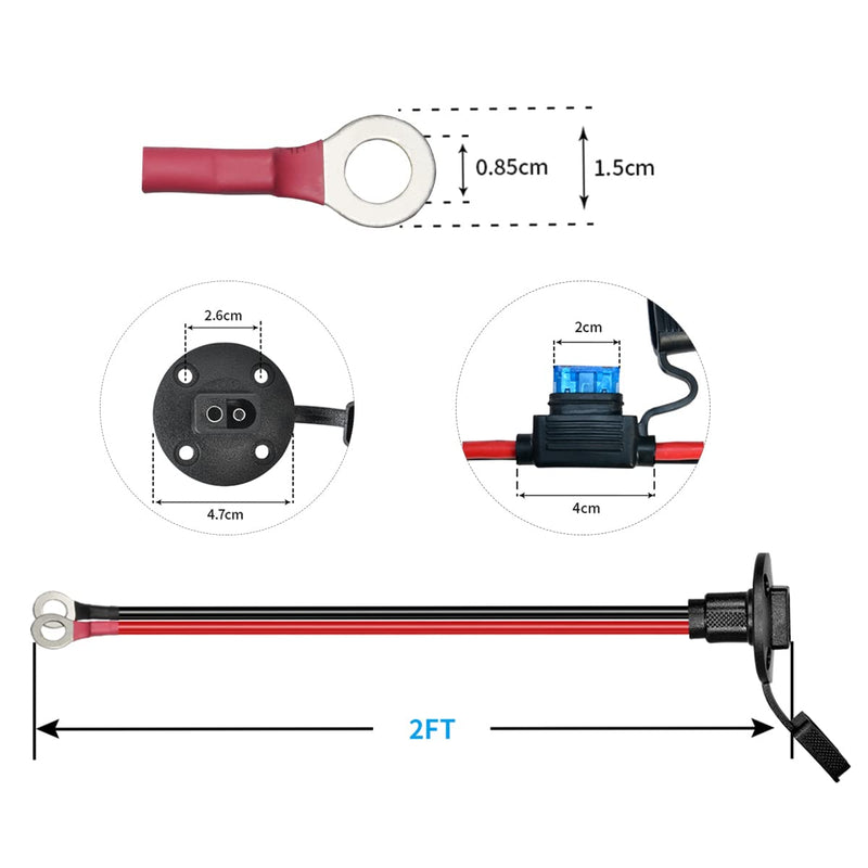 2FT 10AWG SAE Power Socket Sidewall Port to O Ring Connecters Extension Cord Cable with 10A 15A 20A 25A 30A Fuse Compatible with Solar Generator Battery Charger,for Solar Accessories 2FT